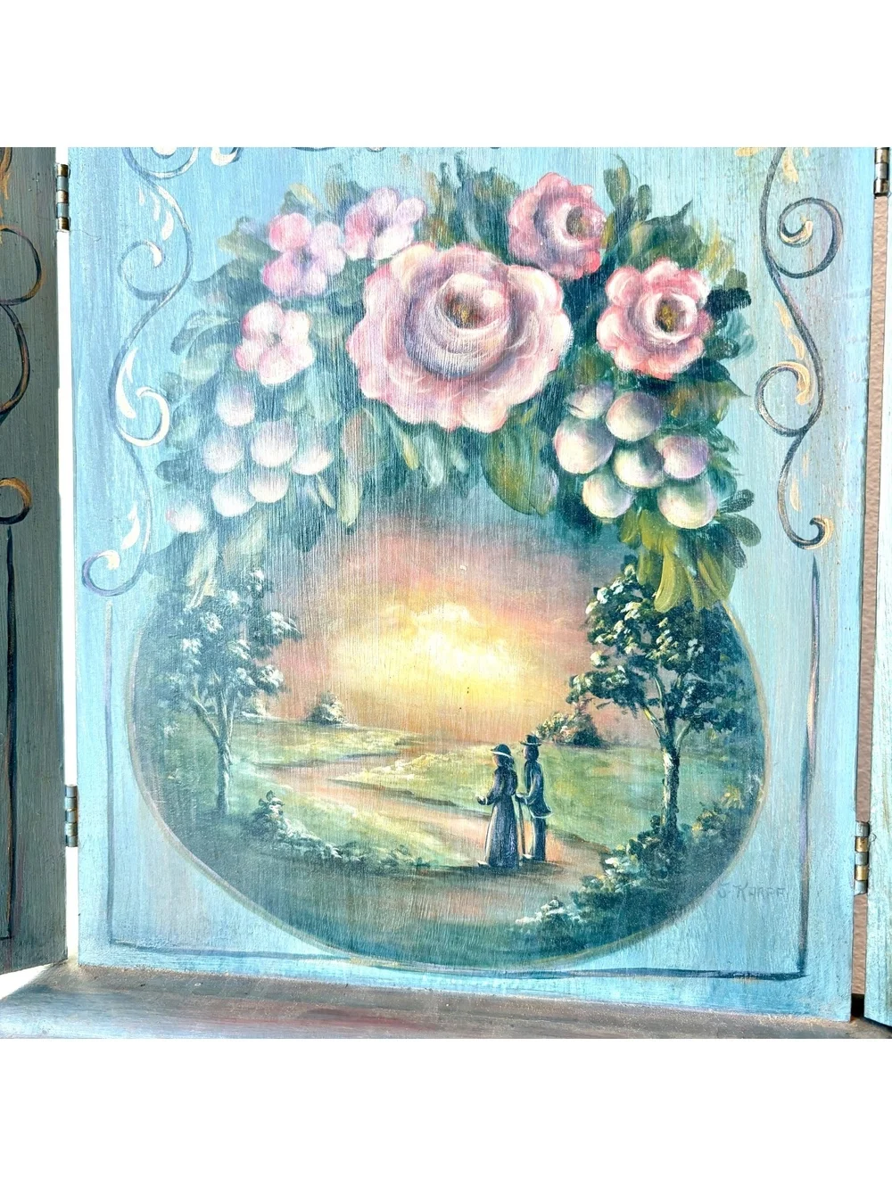Hand Painted Folk Art Wooden Wall Cabinet Heart Doors Floral Cottage 13” Tall